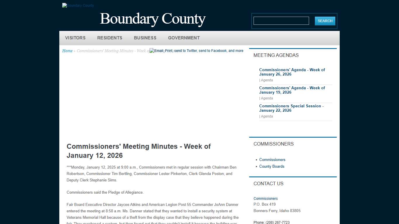 Commissioners' Meeting Minutes - Week of January 12, 2026 Boundary County