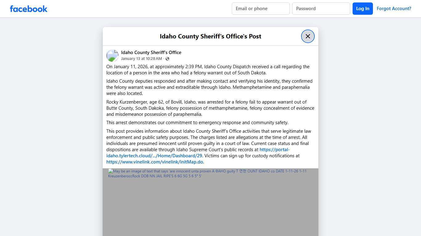 On January 11, 2026, at... - Idaho County Sheriff's Office Facebook